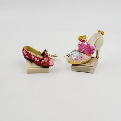 BRADFORD EXCHANGE DISNEY ONCE UPON A TIME SLIPPERS "MULAN & SLEEPING BEAUTY" ORNAMENTS