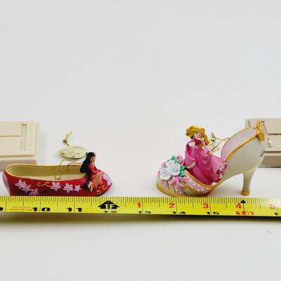 BRADFORD EXCHANGE DISNEY ONCE UPON A TIME SLIPPERS "MULAN & SLEEPING BEAUTY" ORNAMENTS