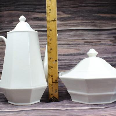 Pair of Independence Ironstone Style White Ceramic Teapot and Serving Dish