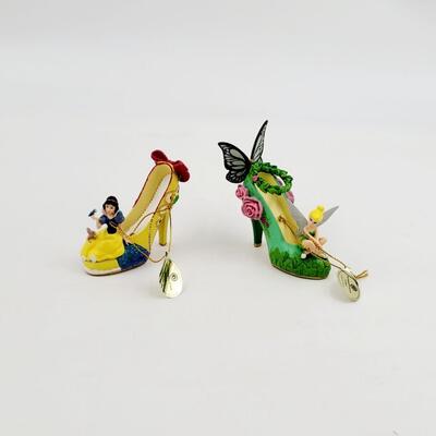 BRADFORD EXCHANGE DISNEY ONCE UPON A TIME SLIPPERS "TINKER BELL & SNOW WHITE" ORNAMENTS