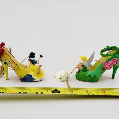 BRADFORD EXCHANGE DISNEY ONCE UPON A TIME SLIPPERS "TINKER BELL & SNOW WHITE" ORNAMENTS