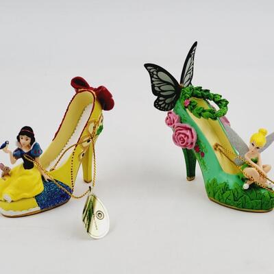 BRADFORD EXCHANGE DISNEY ONCE UPON A TIME SLIPPERS "TINKER BELL & SNOW WHITE" ORNAMENTS