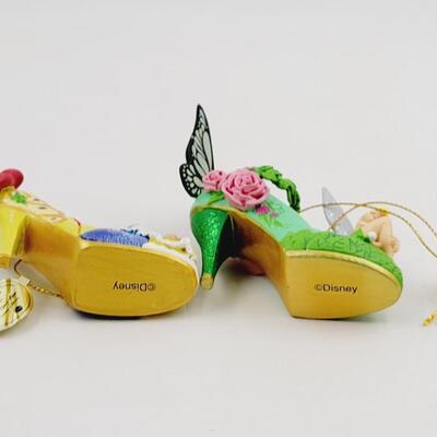 BRADFORD EXCHANGE DISNEY ONCE UPON A TIME SLIPPERS "TINKER BELL & SNOW WHITE" ORNAMENTS