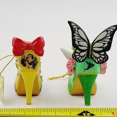 BRADFORD EXCHANGE DISNEY ONCE UPON A TIME SLIPPERS "TINKER BELL & SNOW WHITE" ORNAMENTS
