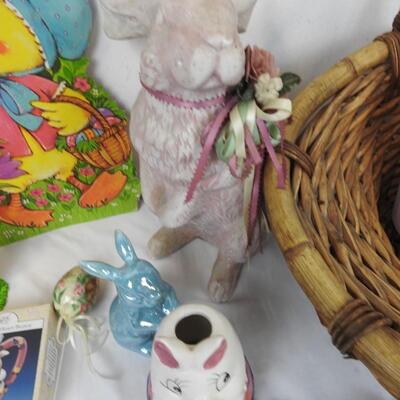 18 pc Easter Lot, Wicker Basket, Bunnies, Statues, Die Cuts, Figurines
