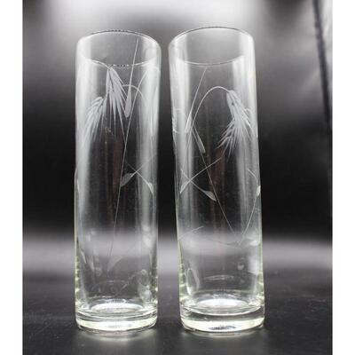 Pair of Retro Wheat Etched Design Thin Clear Drinking Iced Tea Glasses