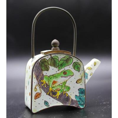 Vintage Empress Arts Copper Enamel Painted Tree Frog Miniature Teapot