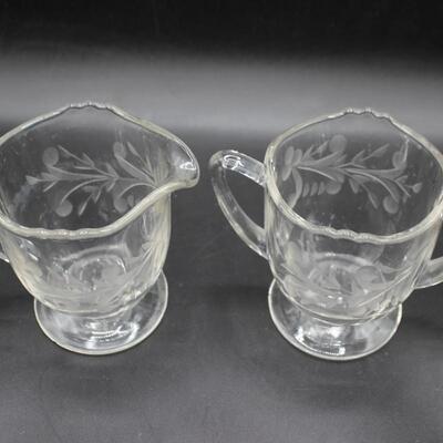 Vintage Decorative Etched Clear Glass Open Sugar Bowl and Creamer Teaware