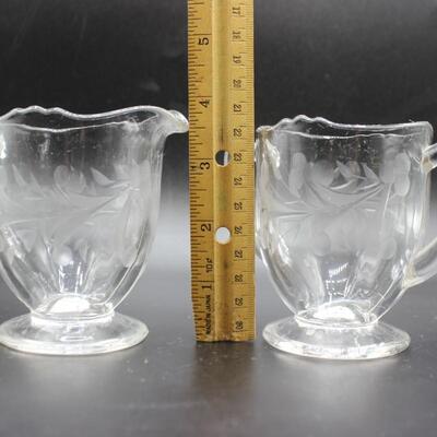 Vintage Decorative Etched Clear Glass Open Sugar Bowl and Creamer Teaware