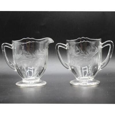 Vintage Decorative Etched Clear Glass Open Sugar Bowl and Creamer Teaware