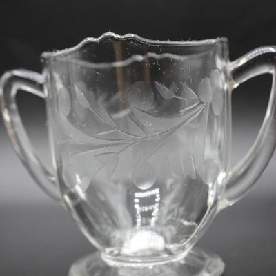 Vintage Decorative Etched Clear Glass Open Sugar Bowl and Creamer Teaware