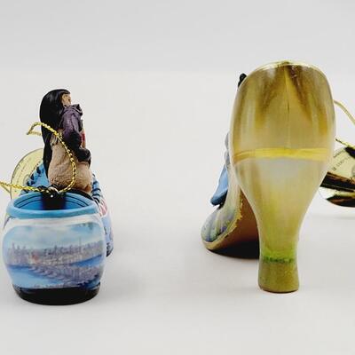 BRADFORD EXCHANGE DISNEY ONCE UPON A TIME SLIPPERS " TIANA & POCAHONTAS" ORNAMENTS
