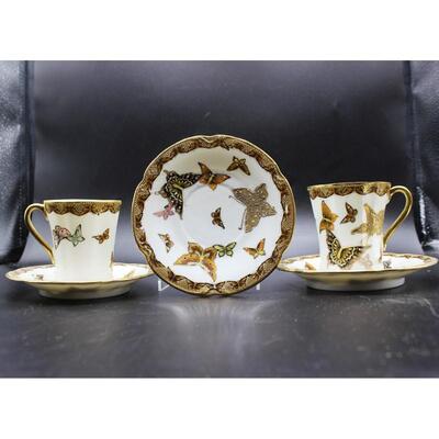 Set of Vintage Made in Japan Hand Painted Butterfly Tea Cups & Saucers