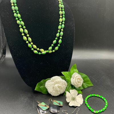 Lot of Green Jewelry Necklace Earrings Pin