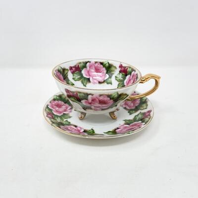 VINTAGE PINK ROSE FOOTED TEACUP & SAUCER