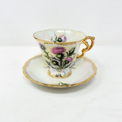 VINTAGE UCAGCO PINK THISTLE LUSTERWARE TEACUP & SAUCER