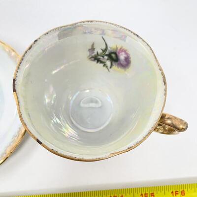 VINTAGE UCAGCO PINK THISTLE LUSTERWARE TEACUP & SAUCER