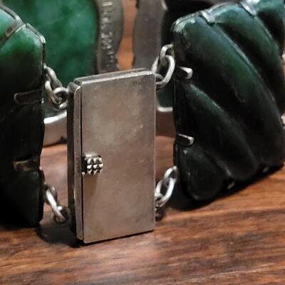 Lot 177: Beautiful Vintage Green Lapis and Sterling Panel Bracelet, Brookhaven and Earrings Set