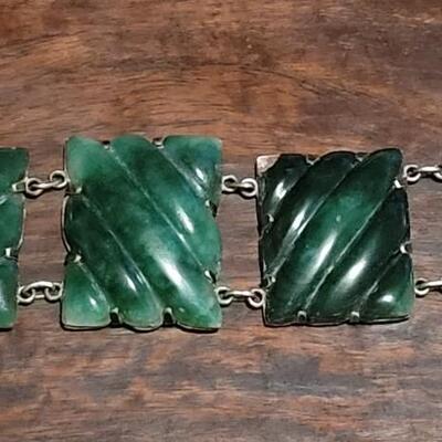 Lot 177: Beautiful Vintage Green Lapis and Sterling Panel Bracelet, Brookhaven and Earrings Set