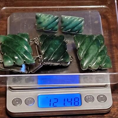 Lot 177: Beautiful Vintage Green Lapis and Sterling Panel Bracelet, Brookhaven and Earrings Set