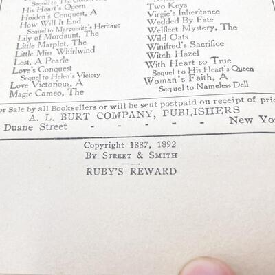 1892 â€œRUBYâ€™S REWARDâ€ BY MRS. GEORGIE SHELDON HARDBACK BOOK
