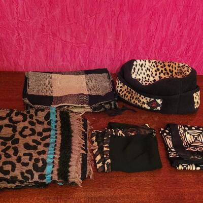 Lot 209: Animal Print Silk & Cotton Scarves & Fleece Shred Alert Winter Hat