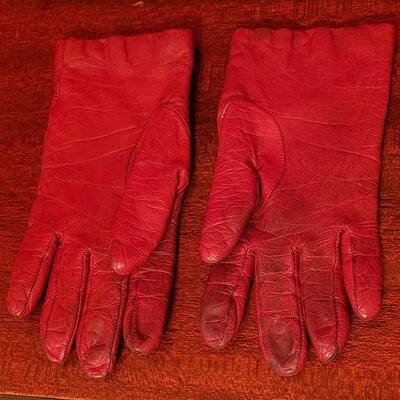 Lot 210: Vintage Red Leather Gloves, (2) Silk & (1) Zebra Print Scarves