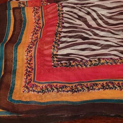 Lot 210: Vintage Red Leather Gloves, (2) Silk & (1) Zebra Print Scarves