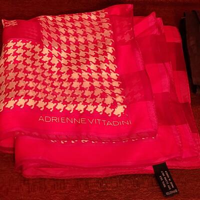 Lot 210: Vintage Red Leather Gloves, (2) Silk & (1) Zebra Print Scarves