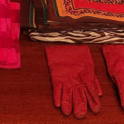 Lot 210: Vintage Red Leather Gloves, (2) Silk & (1) Zebra Print Scarves
