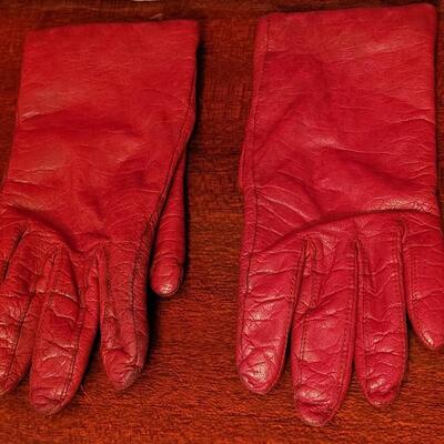 Lot 210: Vintage Red Leather Gloves, (2) Silk & (1) Zebra Print Scarves