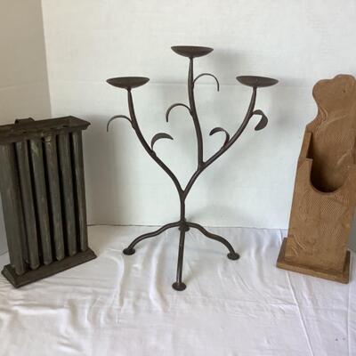 A - 300. Antique Candle Mold, Wooden Candle Box Holder, Wrought Iron Candlestick Candle Stand