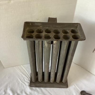 A - 300. Antique Candle Mold, Wooden Candle Box Holder, Wrought Iron Candlestick Candle Stand