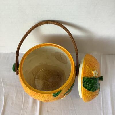 A - 301 Vintage Majolica Orange Shaped Covered Biscuit Jar