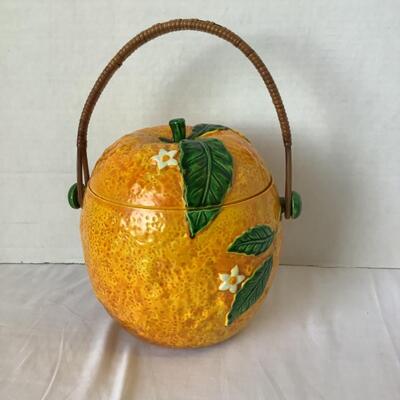 A - 301 Vintage Majolica Orange Shaped Covered Biscuit Jar