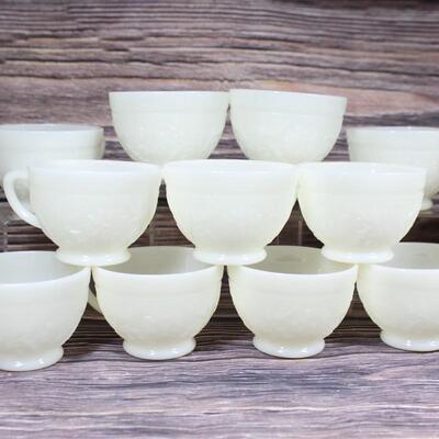 Vintage Milk Glass Flower Design Punch Bowl and Cups Set