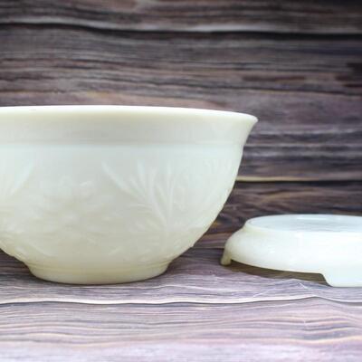 Vintage Milk Glass Flower Design Punch Bowl and Cups Set