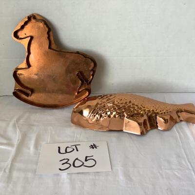 A - 305. Vintage Copper Rocking Horse Cookie Cutter & Copper Decorative Fish