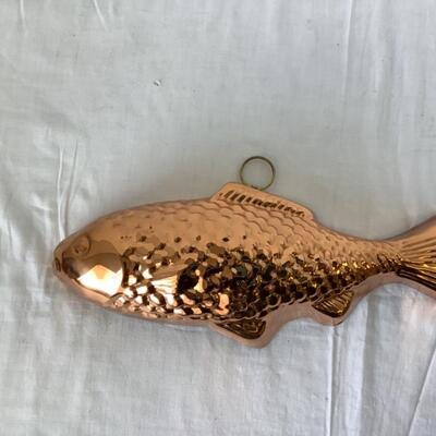 A - 305. Vintage Copper Rocking Horse Cookie Cutter & Copper Decorative Fish