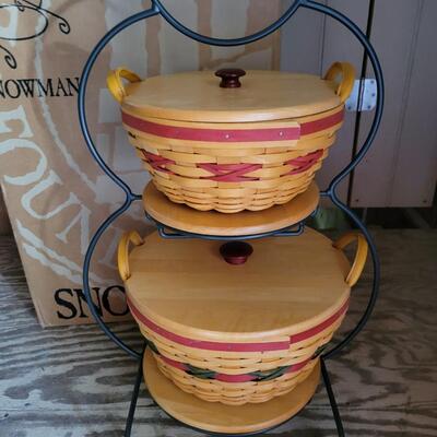 LONGABERGER LARGE SNOWMAN W/ BASKETS, LIDS, INSERTS & ORIGINAL BOX