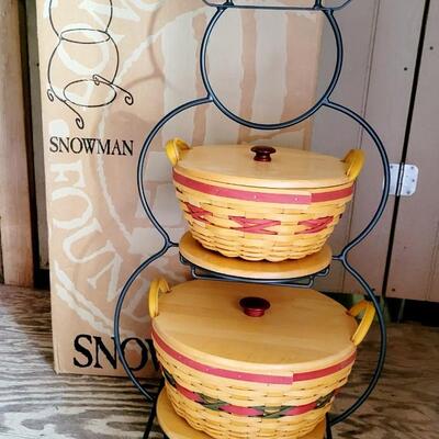 LONGABERGER LARGE SNOWMAN W/ BASKETS, LIDS, INSERTS & ORIGINAL BOX