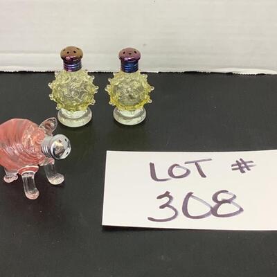 B - 308. Set of Yellow Handblown Glass Salt & Pepper Shakers , Single Pink Pig Handblown Shaker
