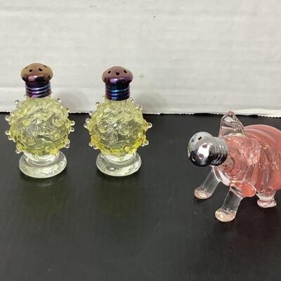 B - 308. Set of Yellow Handblown Glass Salt & Pepper Shakers , Single Pink Pig Handblown Shaker