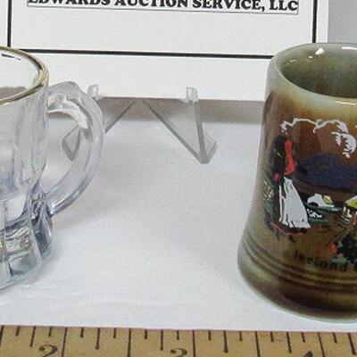 2 Vintage Small Mugs: 1 Pottery Wade Ireland, 1 Glass Tiny Rootbeer