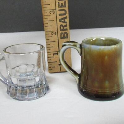 2 Vintage Small Mugs: 1 Pottery Wade Ireland, 1 Glass Tiny Rootbeer