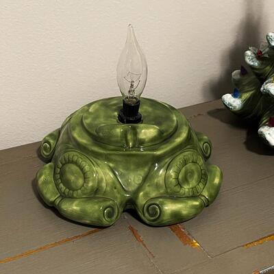Vintage Ceramic Green Snow Tipped Lighted Christmas Tree ~ Includes Rare Poinsettia Ornaments