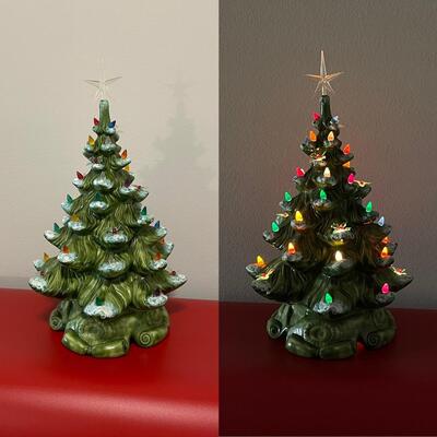 Vintage Ceramic Green Snow Tipped Lighted Christmas Tree ~ Includes Rare Poinsettia Ornaments