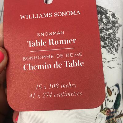 #2 William Sonoma Snowman Table Runner (NWT $84.95) & Mrs. Clause Ornament