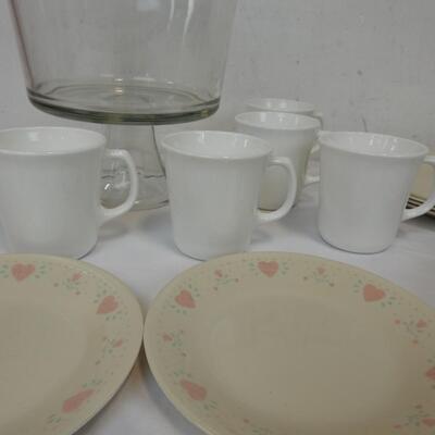 16 pc Kitchen: 10 Corell Plates, Trifle Bowl, 5 White Corning Mugs