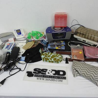 Large Lot Personal Care Items: Hair Rollers & Curling Iron, Radio, BP monitor
